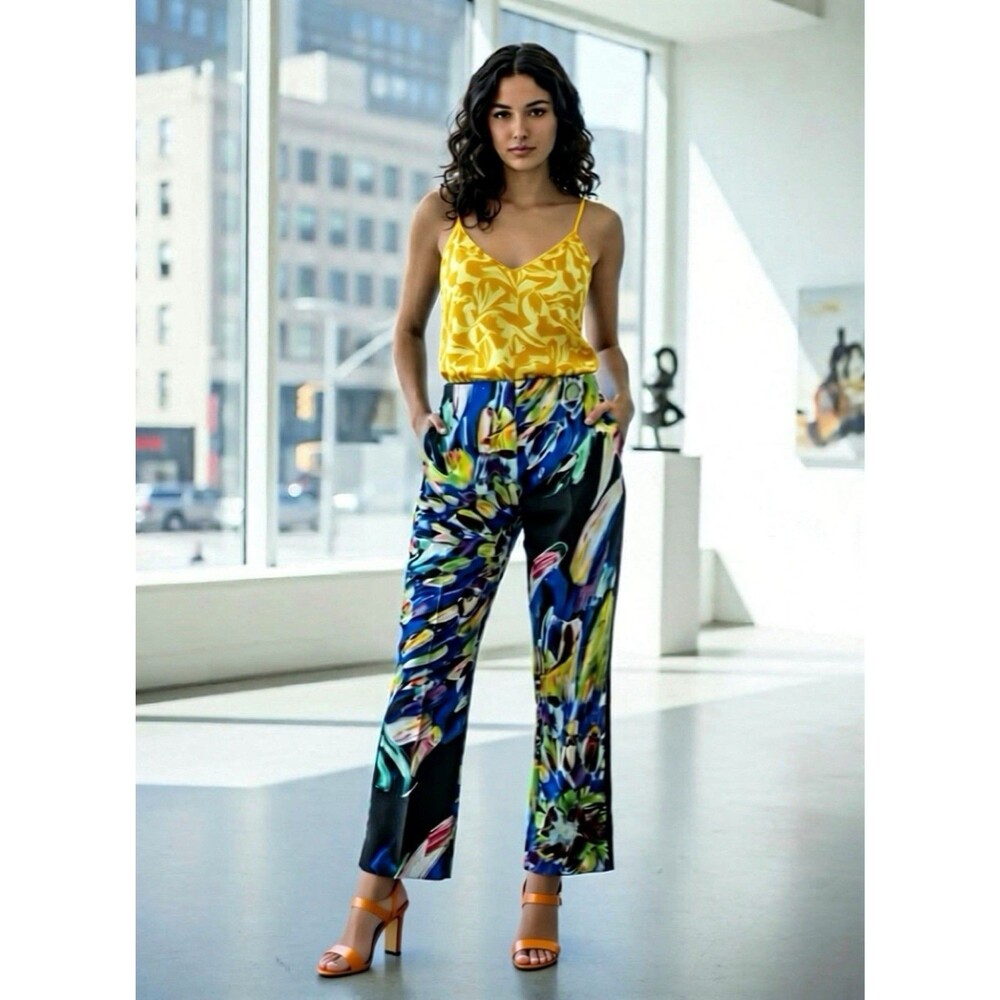 Joseph‎ Ribkoff Black Multi Abstract Floral Print Silky Knit Straight Pant 6